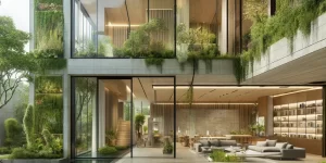 DALL·E 2024-10-16 14.45.25 - A hyper-realistic image of a luxury modern home featuring biophilic design. The home includes large floor-to-ceiling windows that open up to lush gree